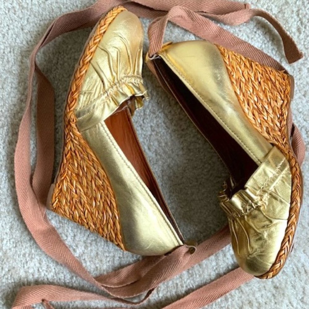 BCBG MaxAzria Leather Gold Metallic Espadrilles